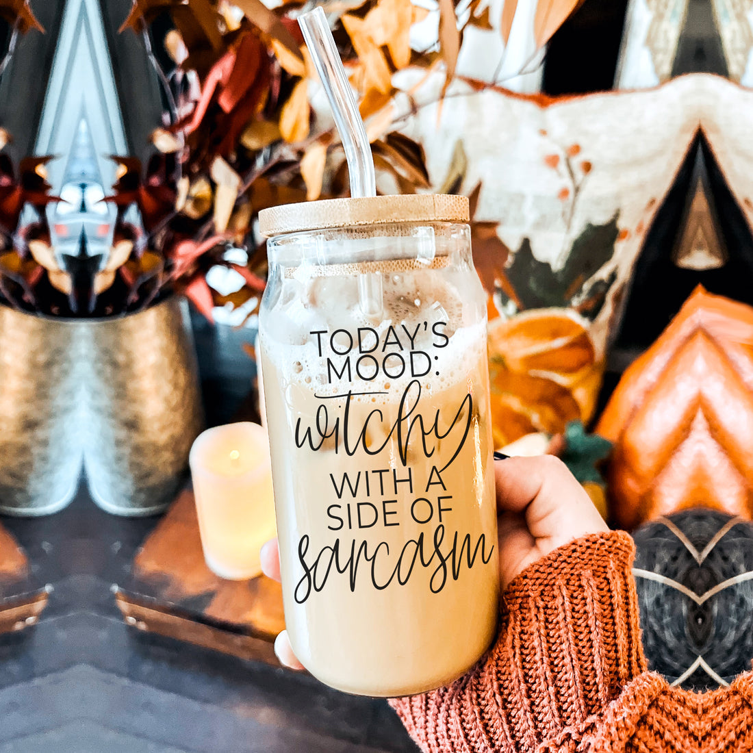 Today's mood witchy tumbler glass set with straws
Halloween witch aesthetic glass tumbler with bamboo lid